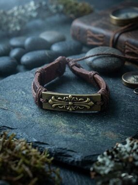 Hand Crafted Brown Leather Bracelet with Brass Ornament